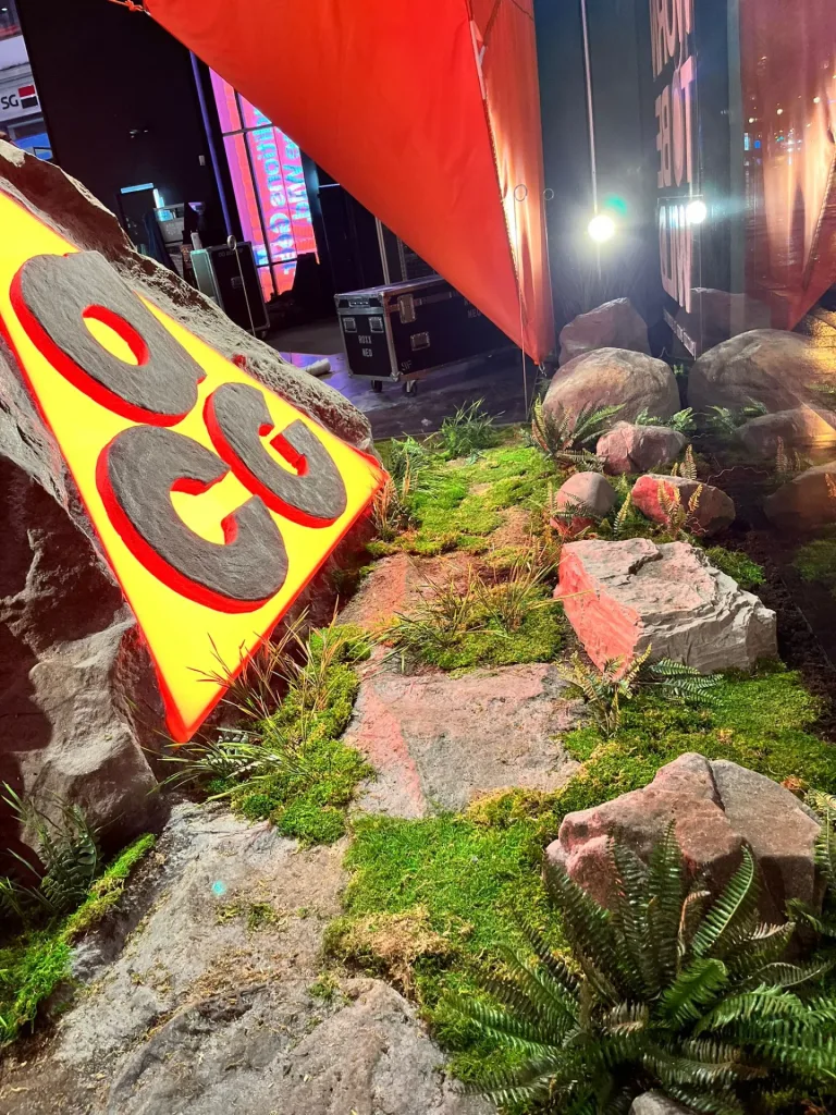 Stony path and planting along the window display